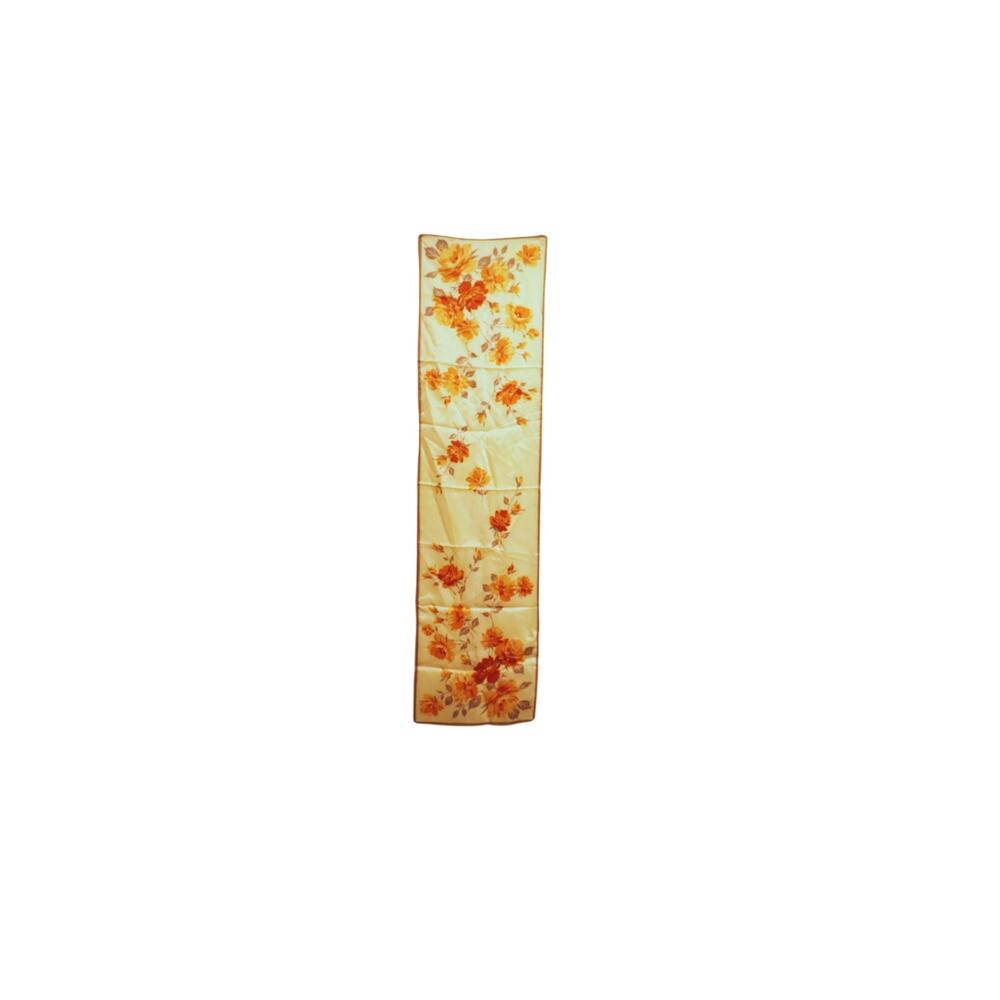 Vintage Silk Scarf Long Oblong Cream Rust Orange Rose Floral Satin Wrap 44x11